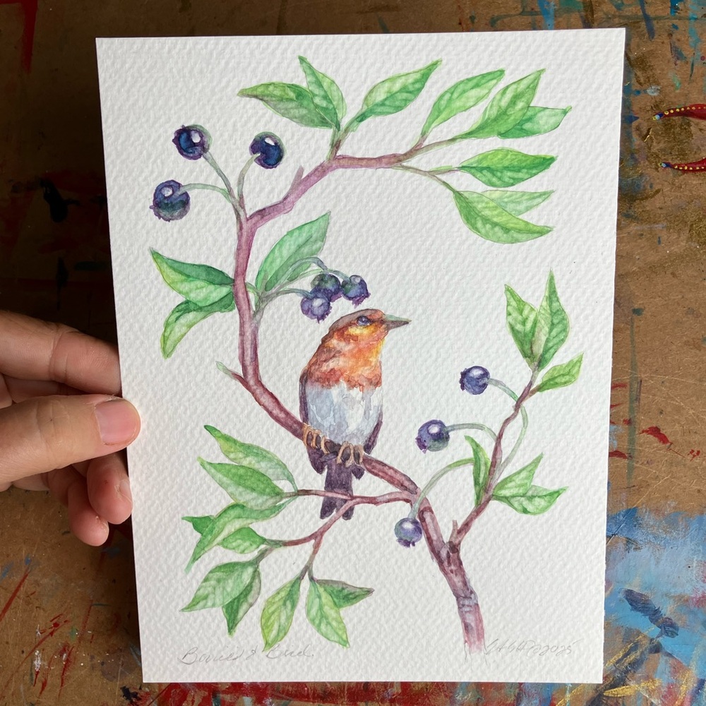 ORIGINAL bird painting berries tree art nature decor animal watercolor artwork